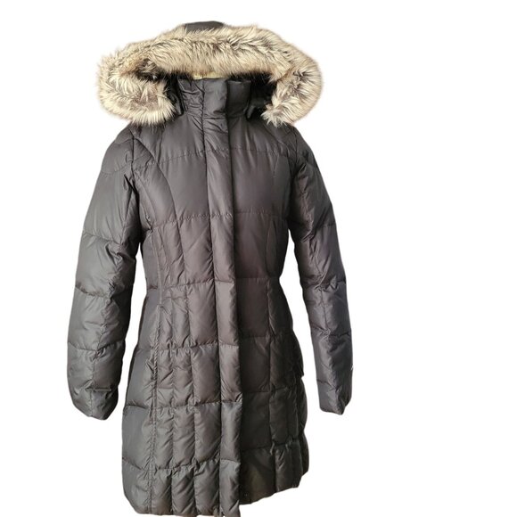 Eddie Bauer Womens Long Down Coat With Faux Fur Hood & Zipper Closure